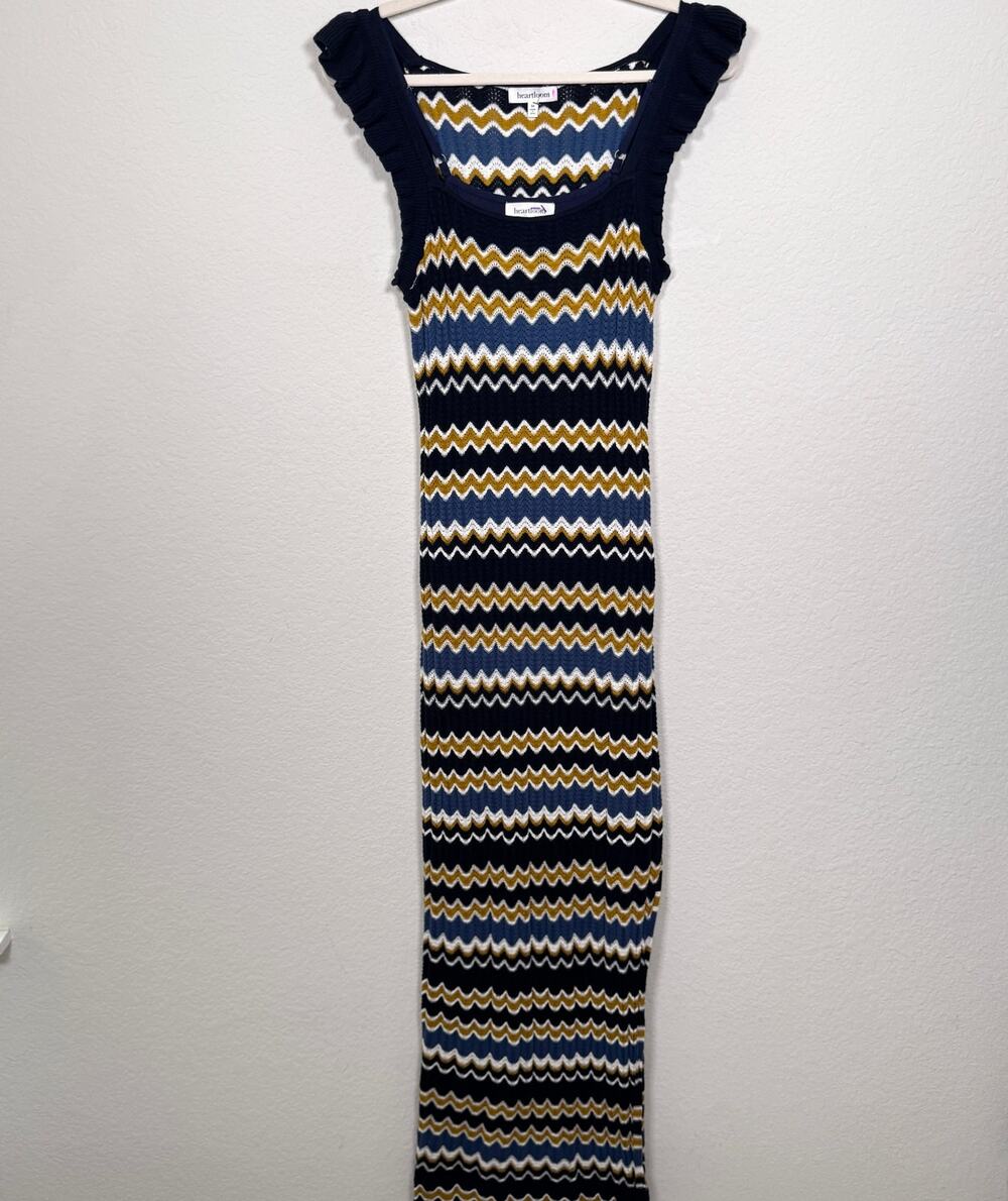 Heartloom Womens Bennet Knit Maxi Dress Size M Ruffle Chevron Striped Blue